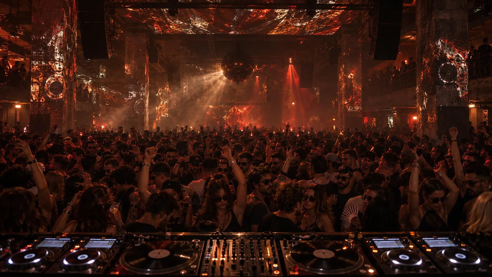 The room seen from the decks: a packed warehouse in red light under a mirror ball